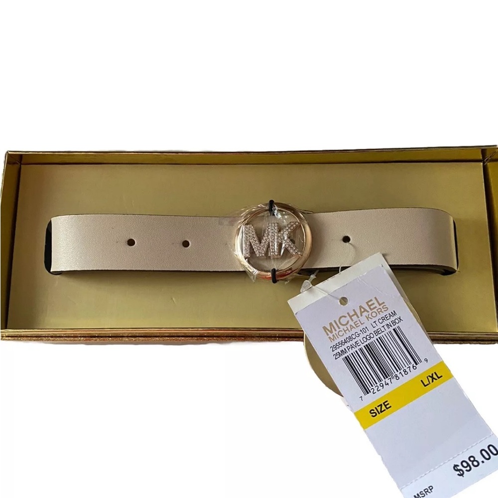 NWT - Michael Kors light Cream 25MM Pave Logo Belt In Box Women’s Size L/XL
